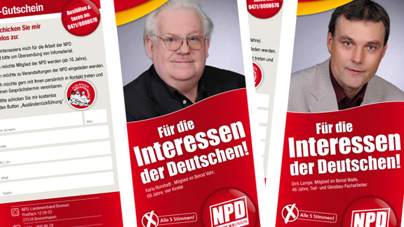Die beiden ehem. DVUler Karlo Ronstadt (kandidiert für den Ortsbeirat Vahr) und Dirk Lampe (Kandidat Beirat Walle) auf NPD-Flyern